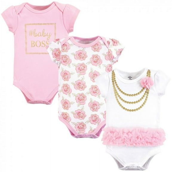 Little Treasure Baby Girl Cotton Bodysuits 3pk, Gold Roses, 0-3 Months