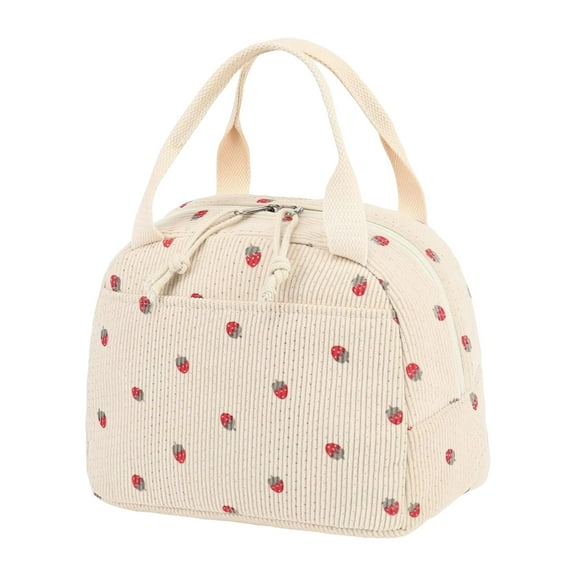 Insulated Lunch Bag for Women, Cute Pink Corduroy Tote with Strawberry Print, Reusable Thermal Lunch Box with Zipper, Portable Cooler Bag for Work, School, Picnic, Travel, and Daily Use
