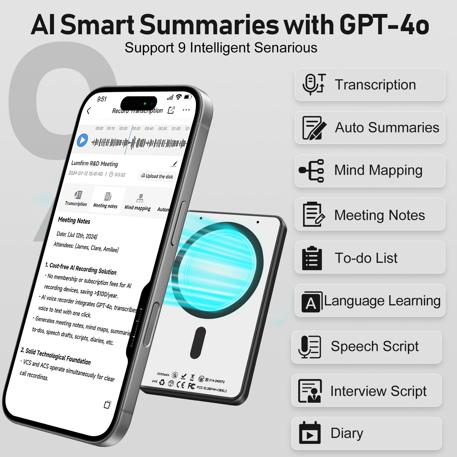 AI Voice Recorder, No Fee for Transcribe & Summarize Empowered by ChatGPT, Support 107 Languages Digital Voice Audio Recorder with App Control, 64GB Memory Recording Device for Lecture/Meeting, Grey
