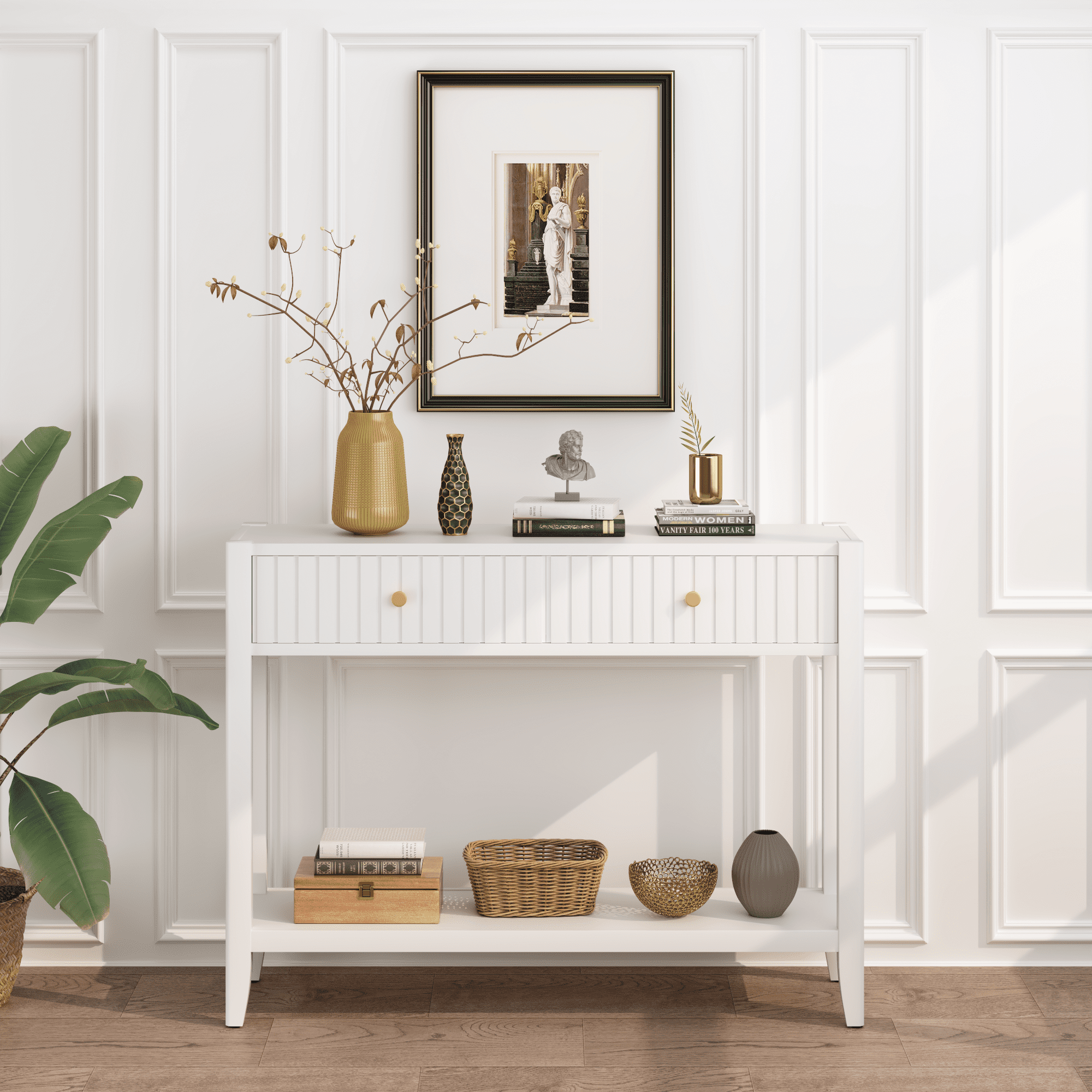 Leumius Console Table with Drawers, Narrow Wood Accent Sofa Table Entryway Table with Storage Shelf for Entryway Front Hall Hallway Living Room White