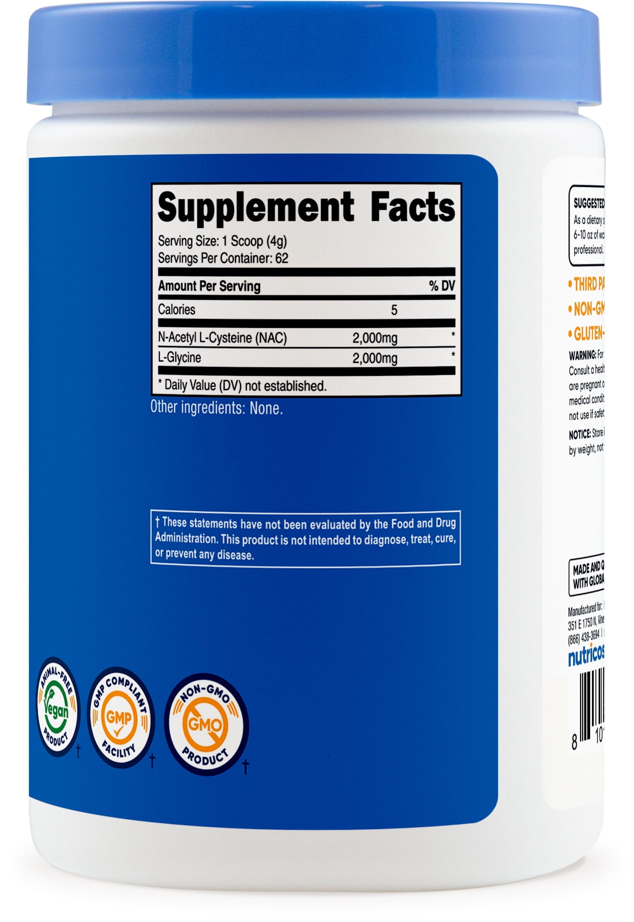 Nutricost NAC + Glycine Powder (250 Grams) Unflavored - 2,000mg NAC + 2,000mg Glycine per Serving, Vegan, GMO-Free, Gluten-Free, 62 Servings