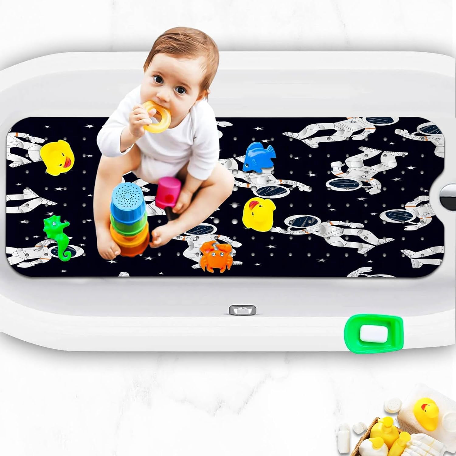 Bathtub Mats for Kids, Black Astronaut Bath Mat for Tub Non Slip, 40 X 16 Inch Large Washable Bathtub Mat Non Slip for Showers with Drain Holes and Suction Cups