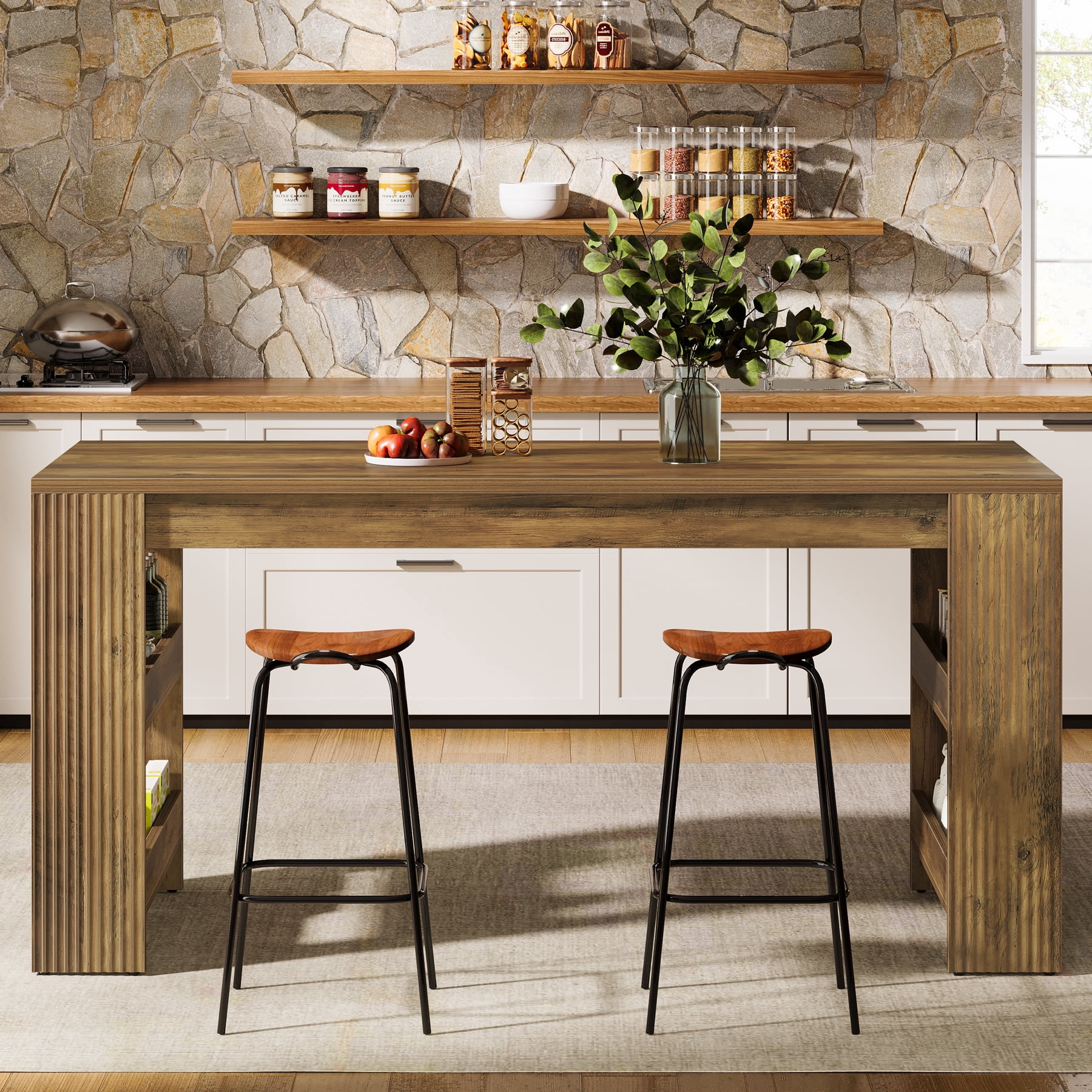 Finmind 63-inch Kitchen Island with Storage, Large Stationary Island Table for Kitchen, Farmhouse Home Bar Unit for Kitchen, Rustic Brown