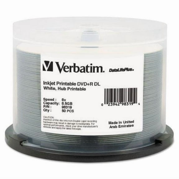 Verbatim 98319 DVD R Dual Layer Recordable Disc, 8.5Gb, 8X, Printable, Spindle, 50/Pk