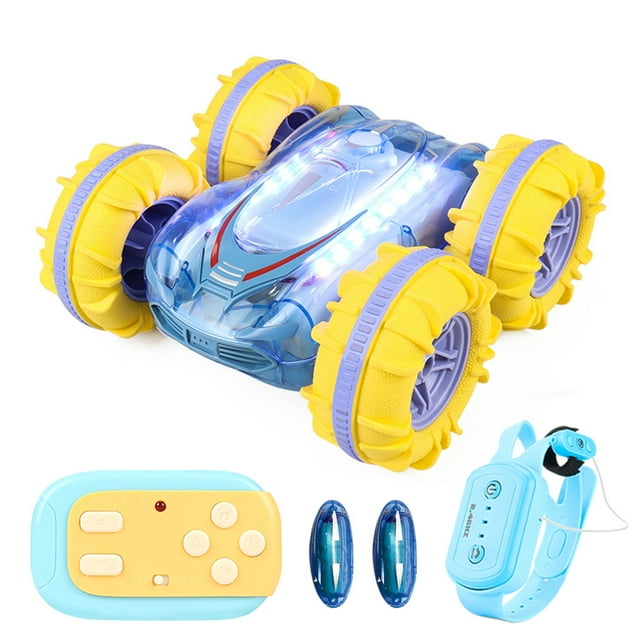 Graflsoa 2.4G Gesture-Controlled Amphibious RC Stunt Car with Dual Remote, LED Lights, and All-Terrain Tires for Kids - Transparent Blue (Dual Battery Version)