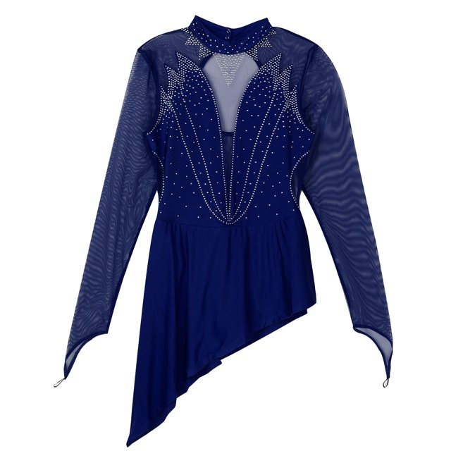 Women Long Sleeve Figure Skating Leotard Dress Sheer Mesh Rhinestone Ballet Dresses Dance Gymnastic Training Performance CostumeM Gong Bohan LED