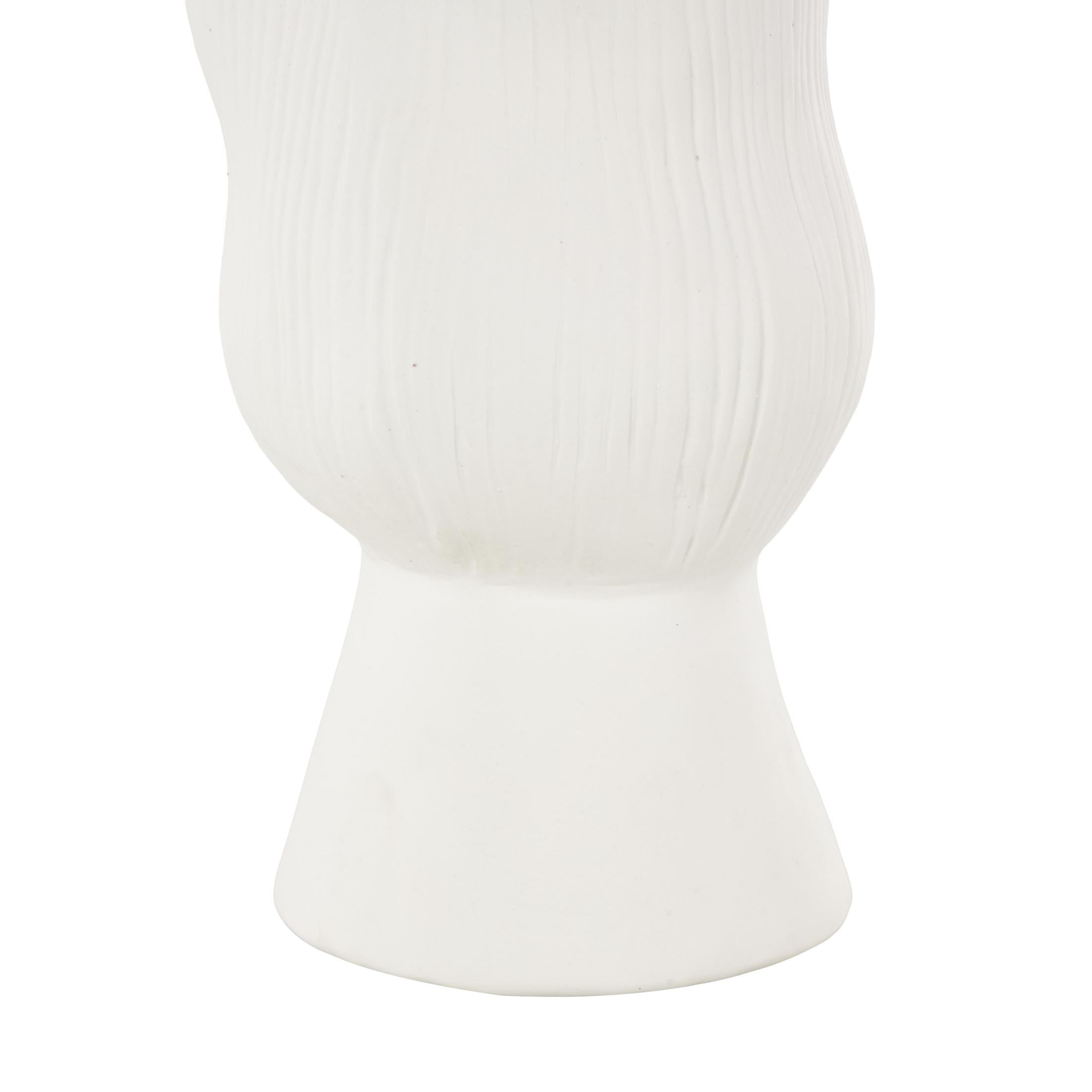 DecMode 11" Abstract Floral Inspired White Ceramic Vase with Wavy Folded Rim and Linear Grooves