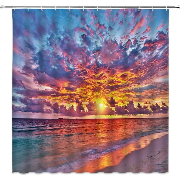 Ocean Sunset Shower Curtain – Blue Orange Tropical Sea Beach Waves – Exotic Nature Scenery Seaside Landscape – Bring Coastal Vibes to Your Bathroom – Fabric Decor with Hooks – Perfect for a Relax