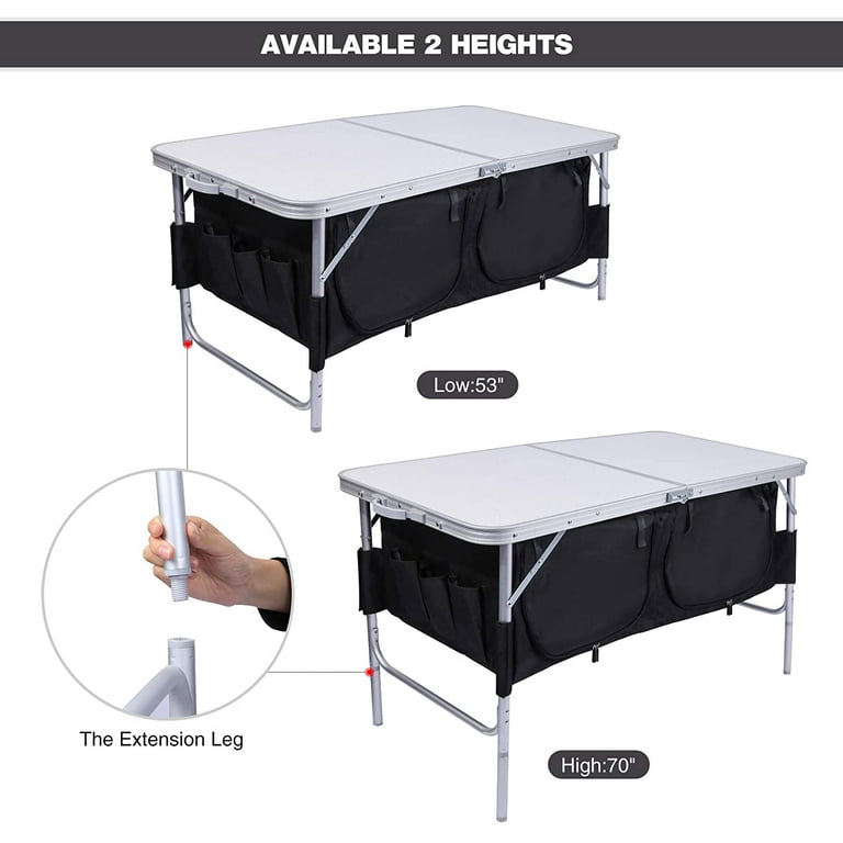 Lineslife 4 Foot Folding Table Adjustable Height with Mesh Storage Organizer Lightweight Portable Camping Table for Picnic Cooking Outdoor Indoor