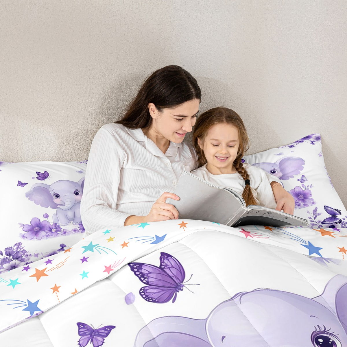jejeloiu Cute Elephant Bedding Comforter Set 7pcs,Zoo Animal Queen Bedding Sets,Purple Flower Butterflies Queen Sheet Sets For Boys Girl,Super Cozy Room Decor Reversible