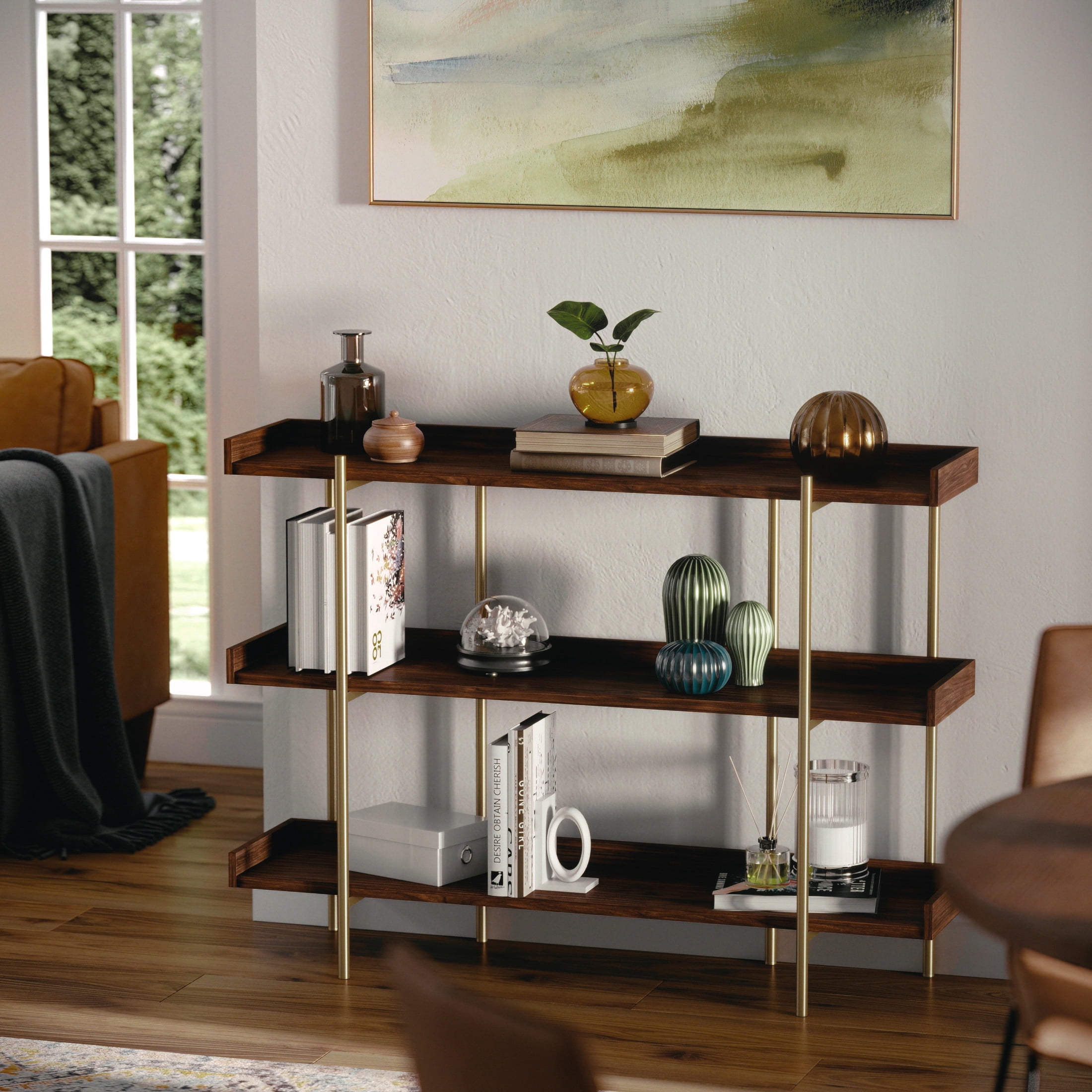 Martha Stewart Emmett 3 Shelf 35"H Storage Display Unit Bookcase with Polished Brass Metal Frame in Walnut Wood Grain Finish