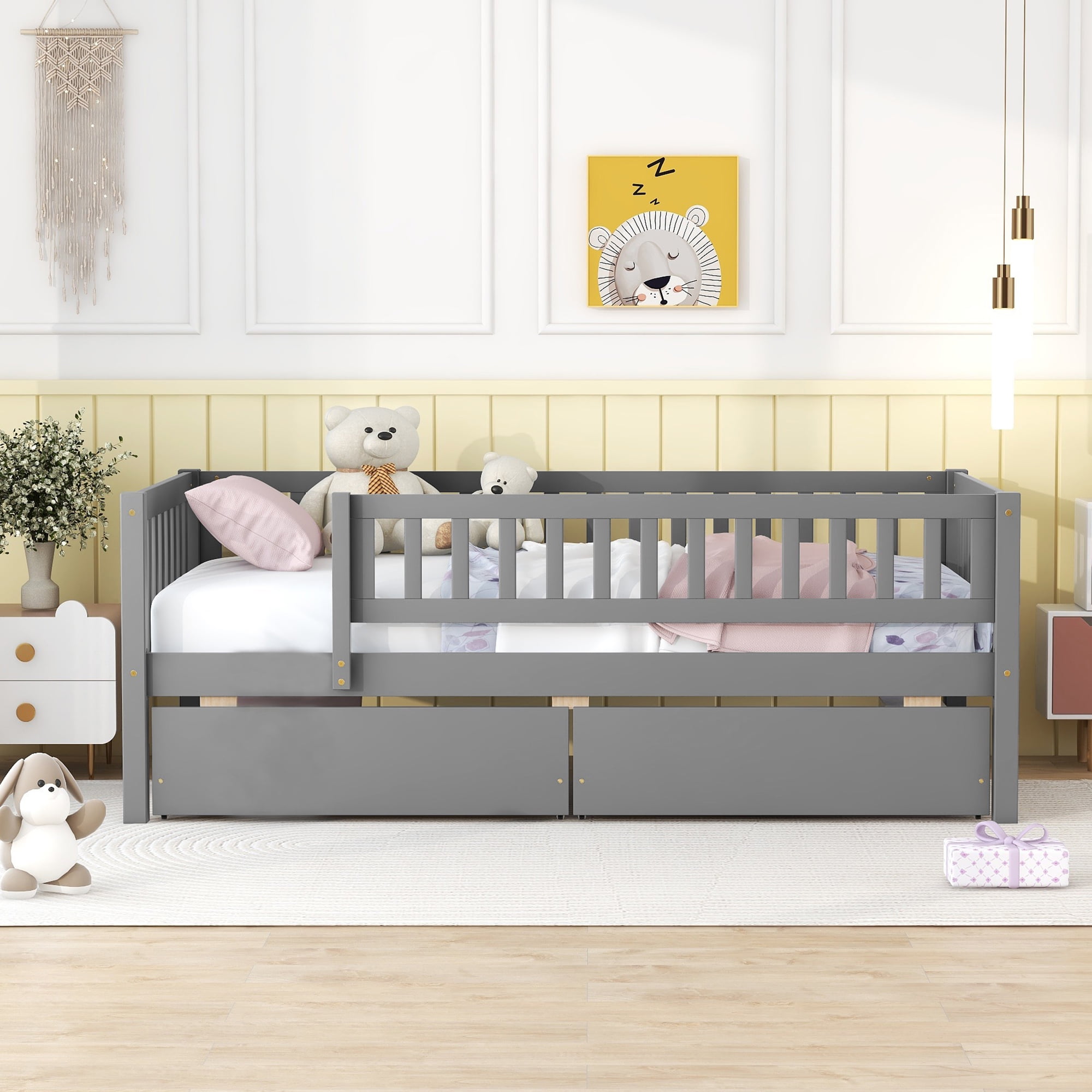 Holaki Twin Size Wood Bed with Guardrails and 2 Storage Drawers for Kids, Gray