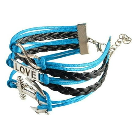 Zodaca 7 to 9 inch Adjustable Blue Black Braided Velvet and Leather Cord Bracelet with Silver Love Anchor Design
