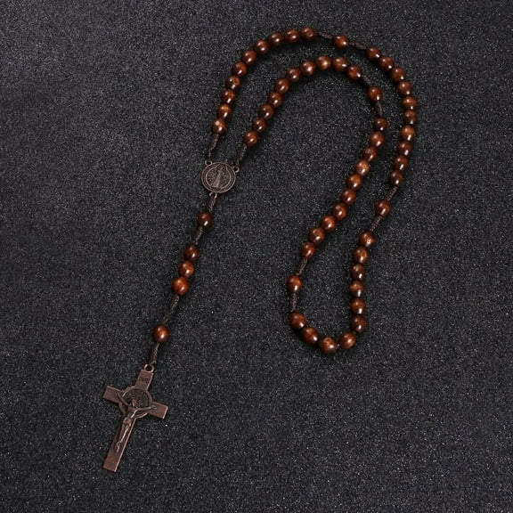8mm Rosary Bead Cross Pendant Woven Rope Chain Necklace Christ Jesus Wooden Beads Religious Orthodox Praying Jewelry