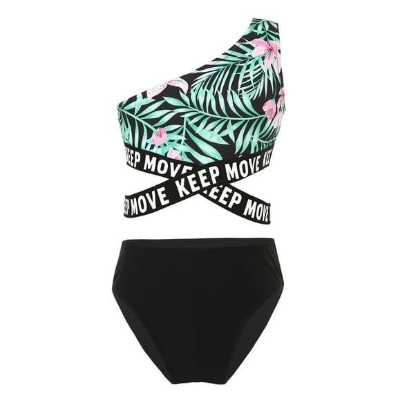 CHICTRY Kids Girls 3Pcs Swimsuit Single Shoulder Strap Printed Crop Top with Briefs Shorts Set for Swimming Beach Pool Bathing A Green&Black 12