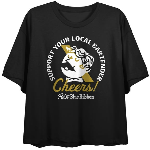 Pabst Blue Ribbon Support Your Local Bartender Globe Logo Women's Black Crop Tee-Small