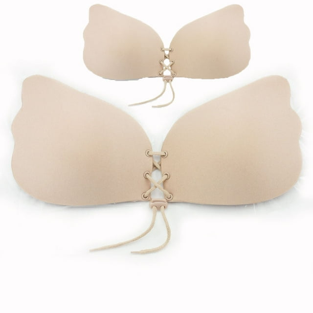 Adhesive Bra Drawstring Invisible Sticky Bra Push up Strapless Bra for Women Backless Silicone Bras 2 Pairs, Beige-2, B