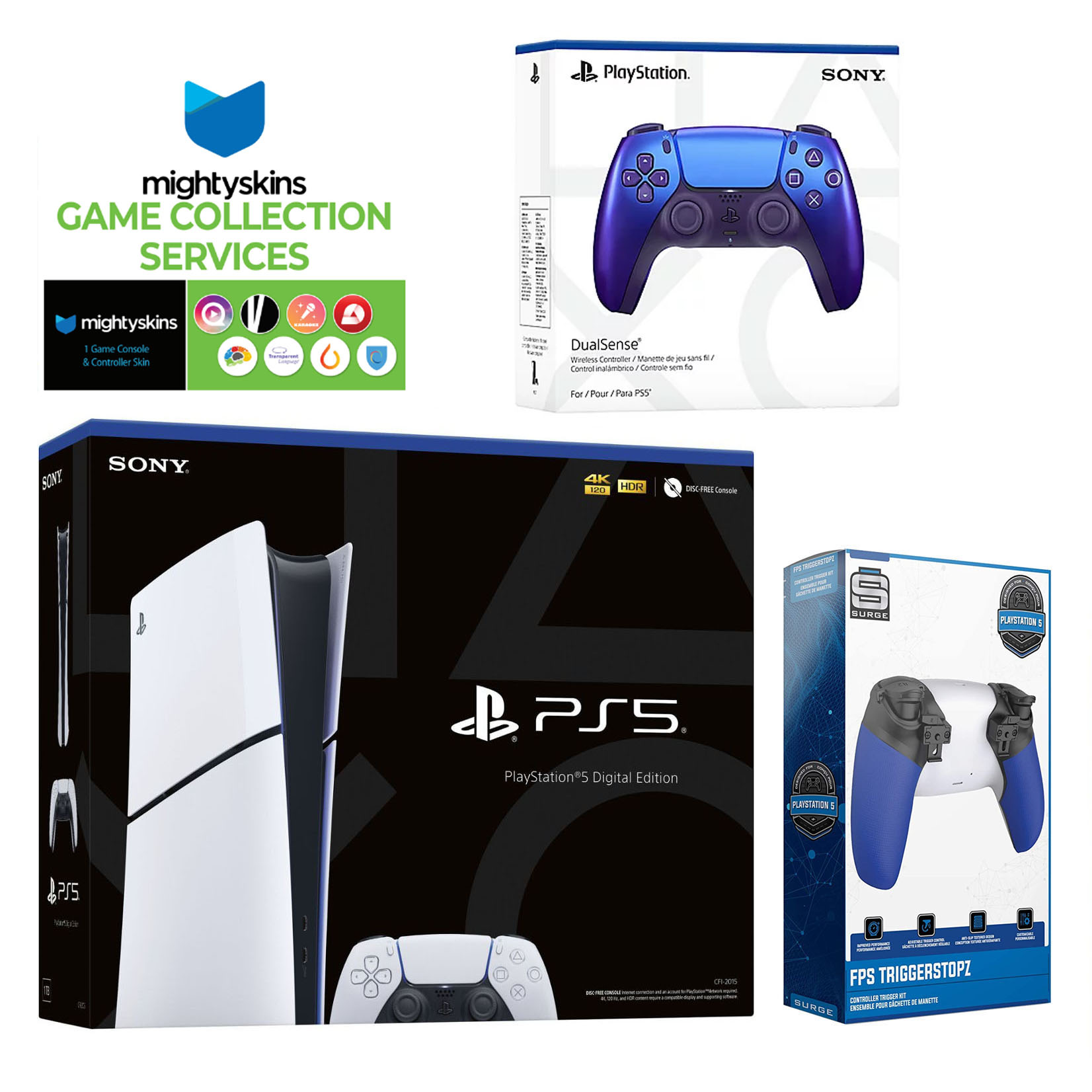 Sony PlayStation 5 Slim Digital with Extra Chroma Indigo Controller, Trigger Stop Kit and MightySkins Game Pack Code