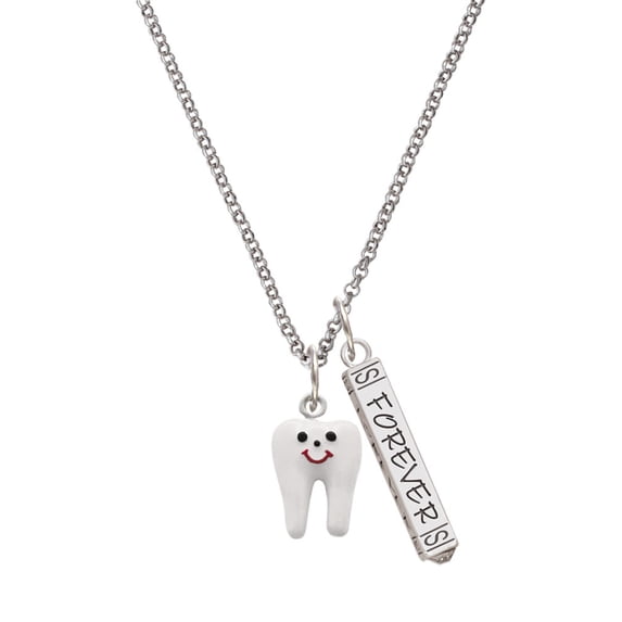 Delight Jewelry Silvertone Enamel Tooth Silvertone Forever Bar Charm Necklace, 23"