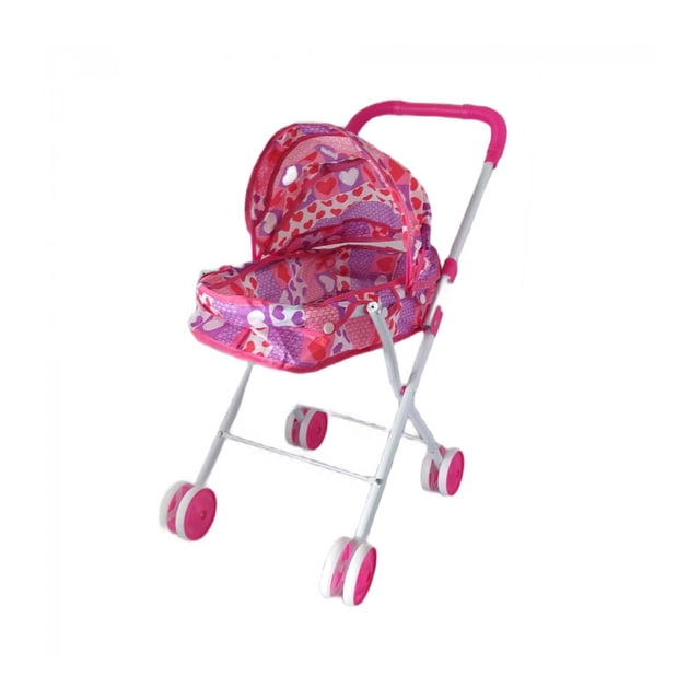 carriola para muñeca the baby shop sh185692 con capota plegable rosa - carriola plegable para muñecas 52 cm alto x 26 cm ancho x 50 cm largo, estructura metálica blanca con mango y detalles en rosa, capota plegable y tejido estampado rosa (corazones, flores o animalitos según disponibilidad), ruedas dobles en las 4 patas para estabilidad; recomendable para niñas de 3 a 8 años y muñecas de 36 cm.