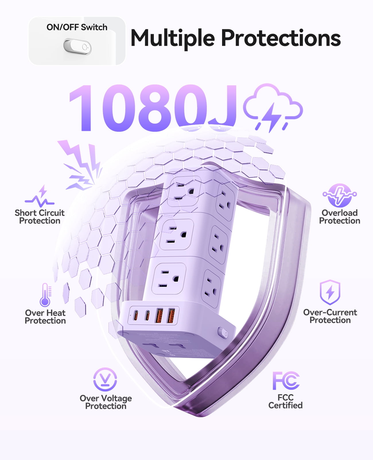 ORICO Power Strip Tower with Multiple Outlets, Tower Extension Cord with 12 AC Outlets 4 USB Ports (2 USB C), Space Saving Design, 5FT Cord Power Tower for Home, Office, Dorm - TPP20 (Purple)