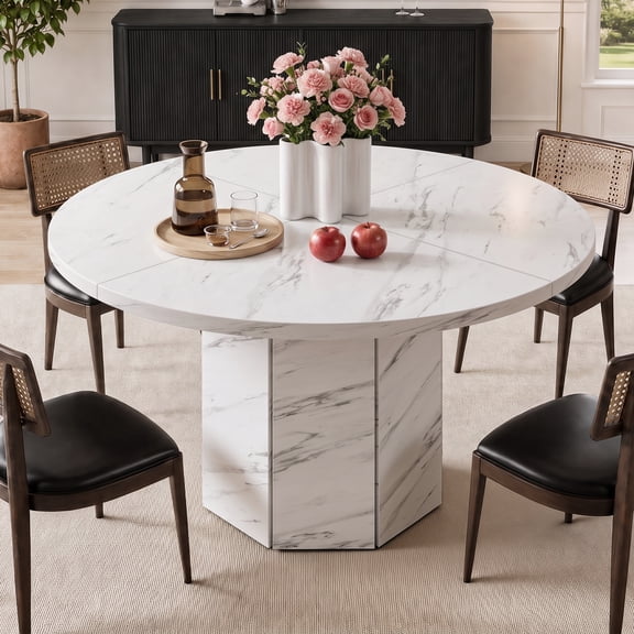Paasyonmate 47" White Faux Marble Round Dining Table with Octagon Pedestal Base for Home