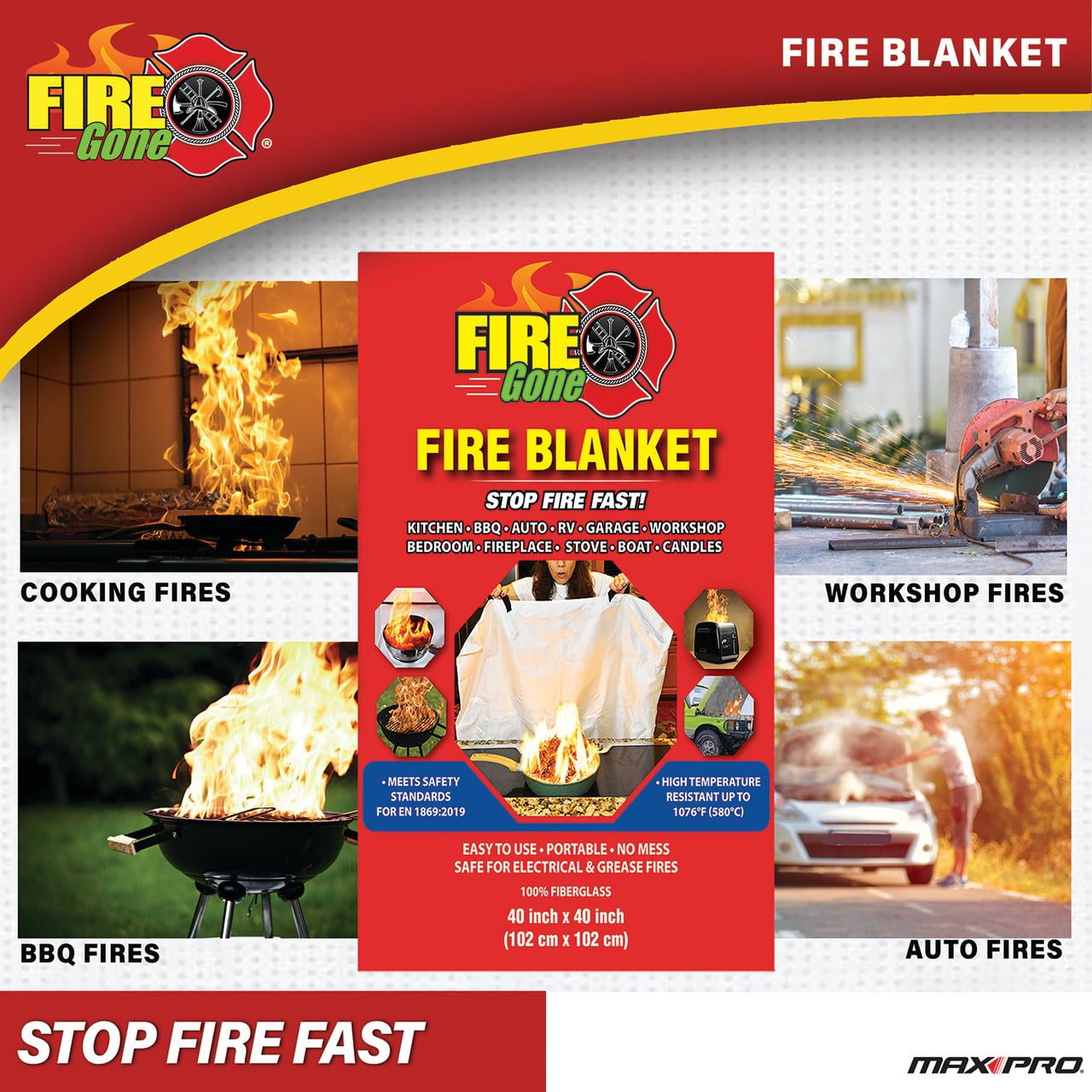 (3 pack) Fire Gone Premium Emergency Fire Blanket - Safety for Kitchen, Home & BBQ -Made from 100% Flame Resistant Fiberglass -1 pack - 39.3" x 39.3"