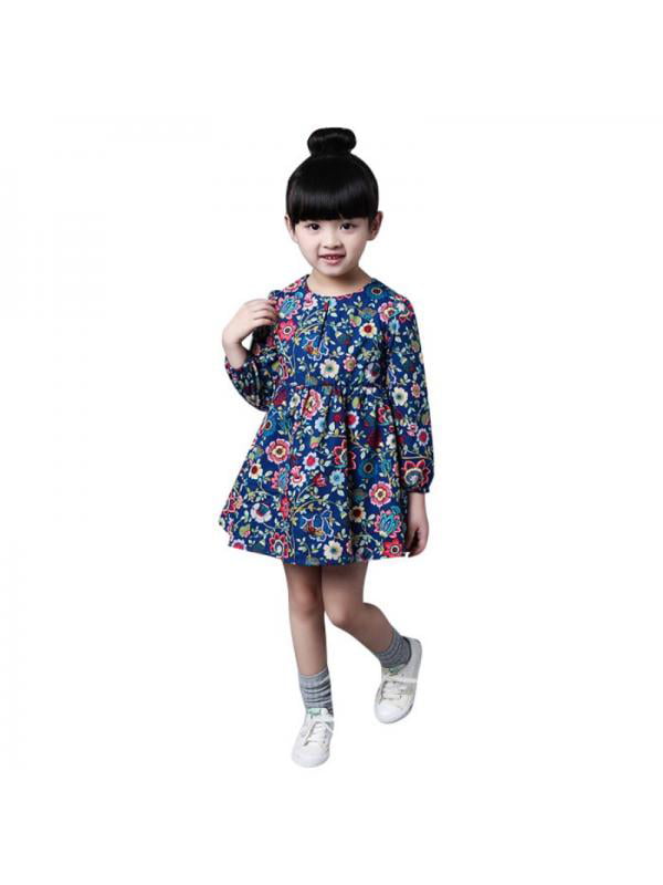 Infant Baby Girl Long Sleeve Floral Print Dress Princess Outfit Cotton Clothes 