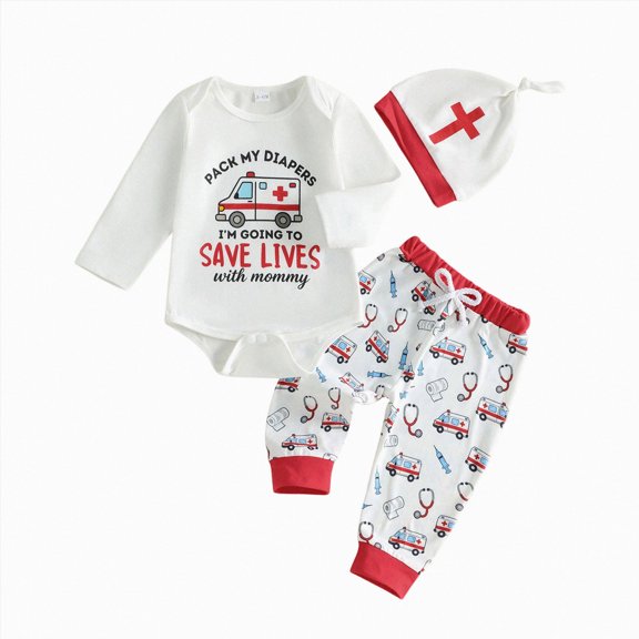 mgoYE Newborn Baby Boy Clothes Long Sleeve Romper Pants Hat Set Ambulance Print Fall Winter 3PC Clothes for Baby Boys