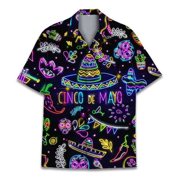 Funny Neon Cinco De Mayo Hawaiian Shirt, Vintage Mexico Fiesta Short Sleeve Button Down Shirt for Men
