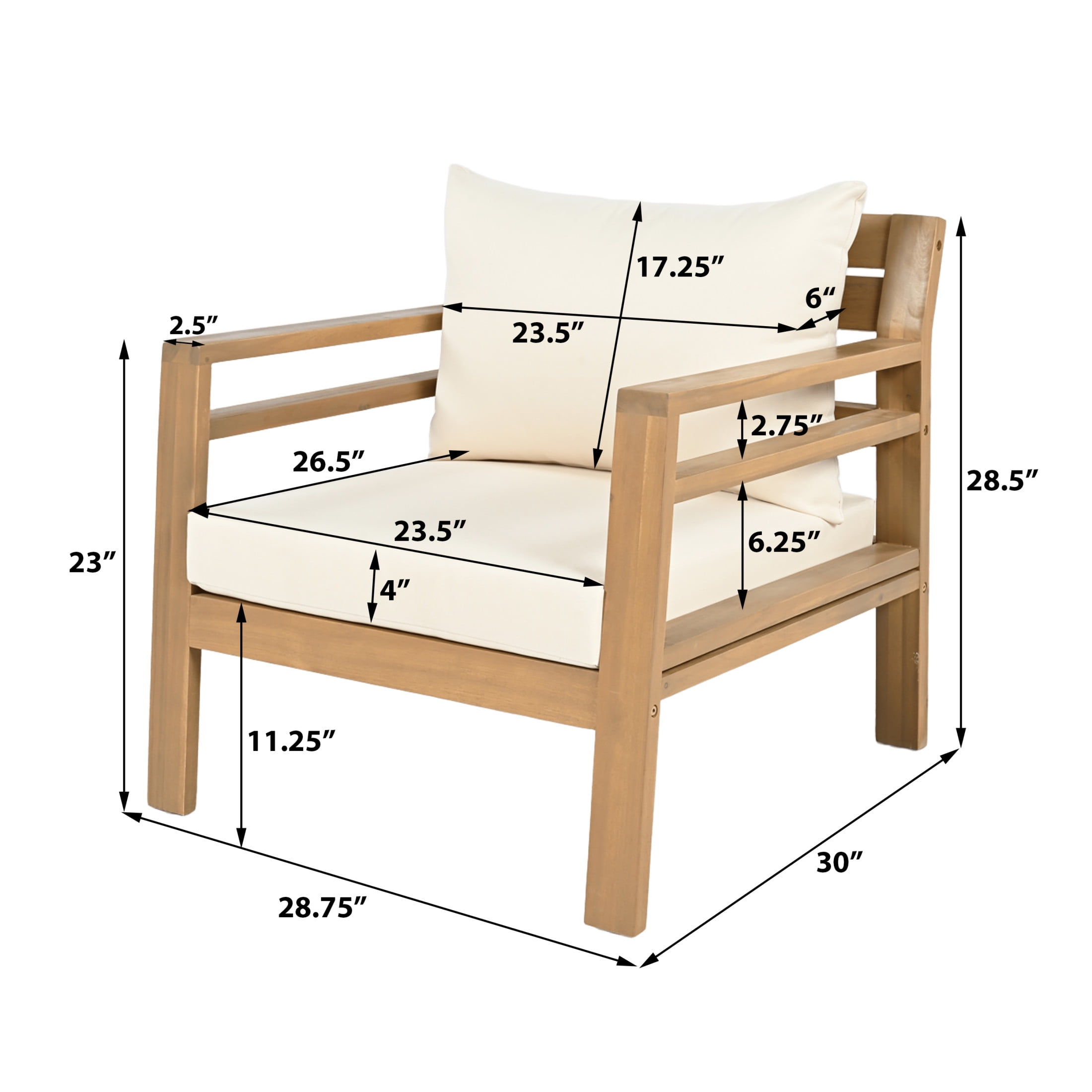 Rowena Classic Outdoor Patio Club Chair, Armchair with Solid Wood Frame and Water-Repellent Cushions, Beige