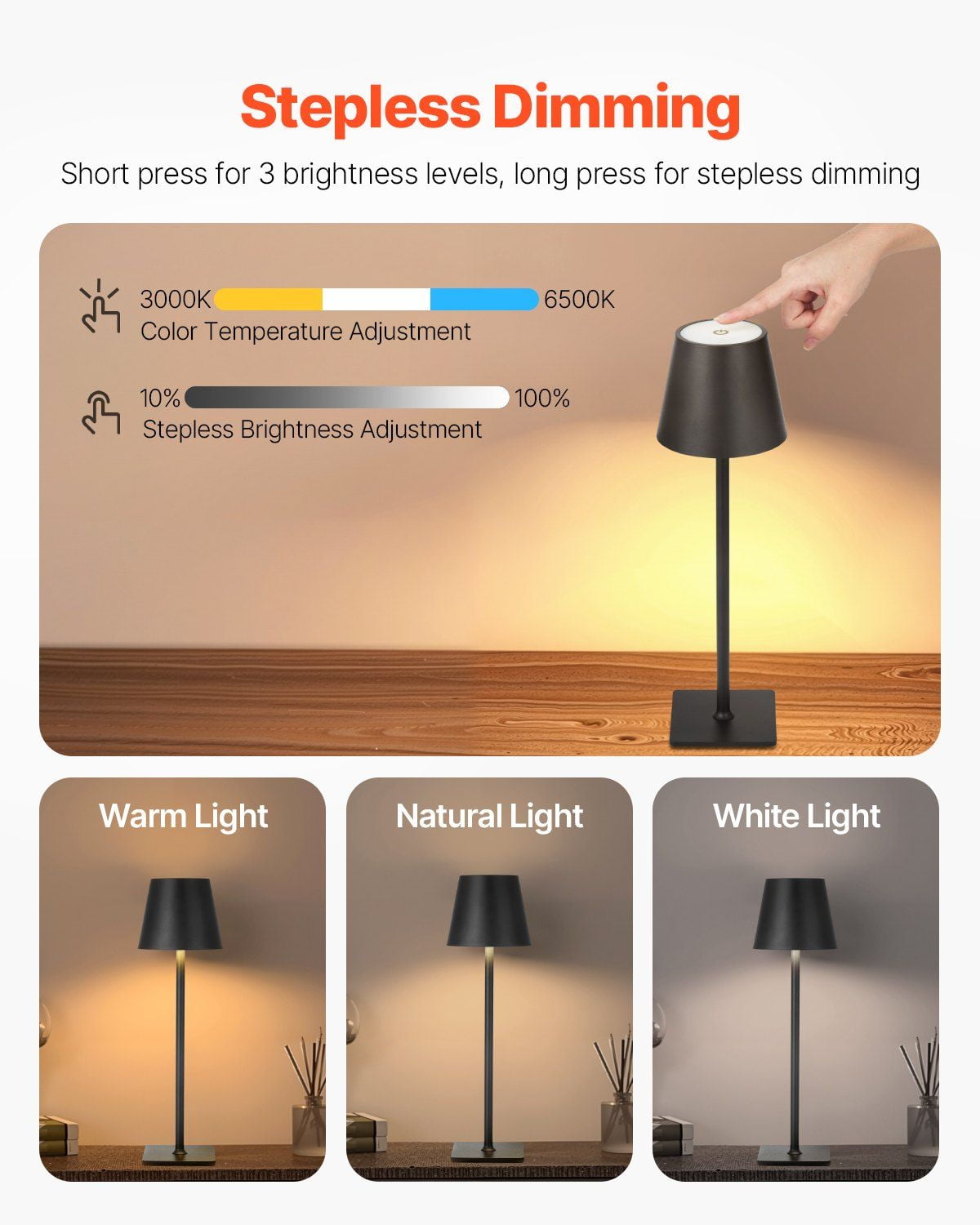 2-Pack Cordless Table Lamps - 5200mAh Rechargeable Battery Operated Desk Lamps, Portable Nightstand Lighting, Black, Adjustable Brightness, USB Charging, for Bedroom, Living Room, Office - Walmart