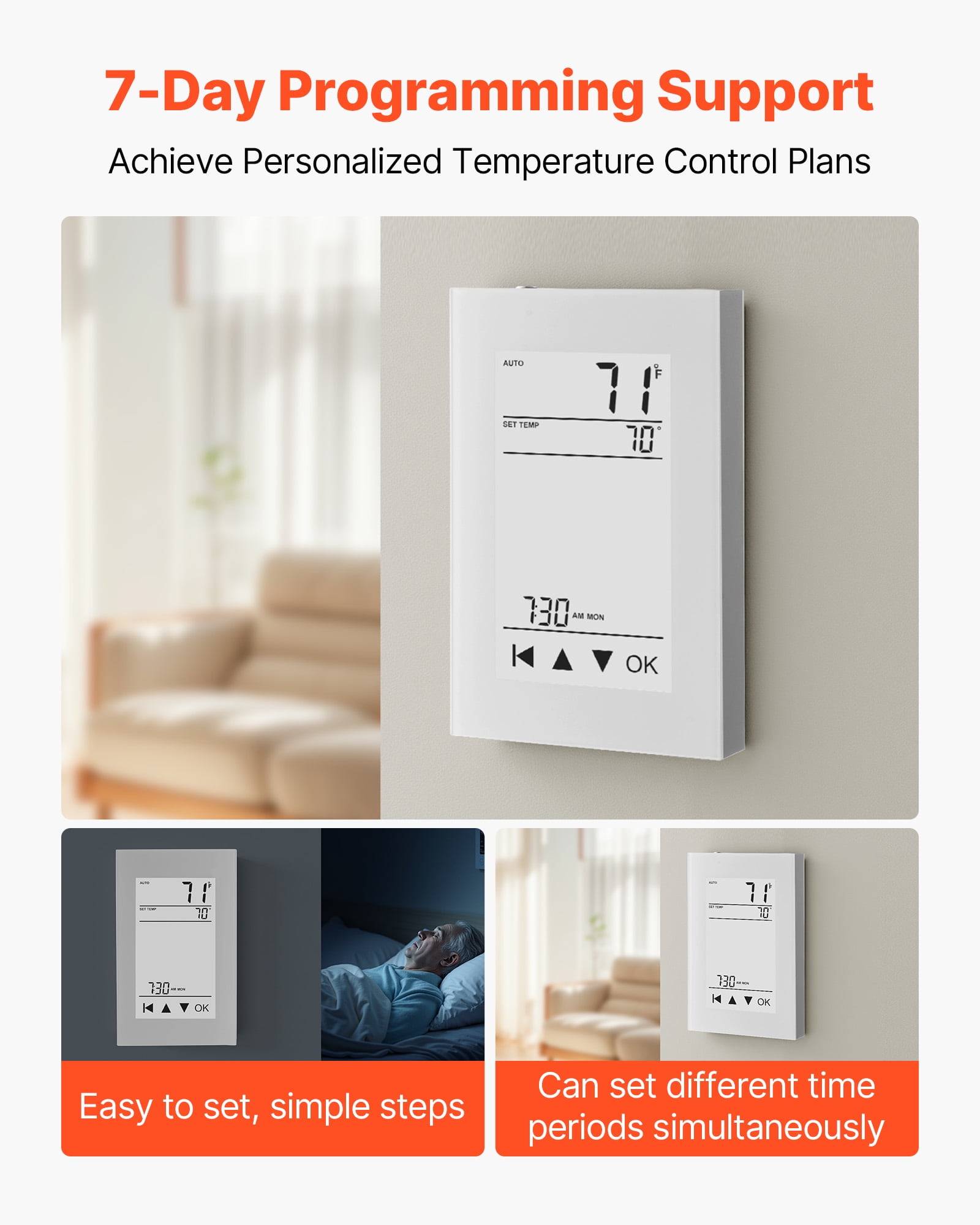 VEVOR 7-Day Programmable Thermostat, Home Thermostats for Radiant Underfloor Heating Cable, Heat Pump, with GFCI & Sensitive Sensor, LCD Touchscreen, Energy-Efficient, Gray-White (Without Wifi)