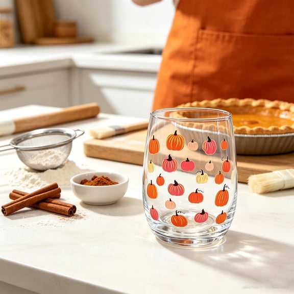 QualiVow Orange Pumpkin Glass Cup Stemless Wine Glass 4.72 Inch Fall Halloween Thanksgiving Drinkware for Party Gift