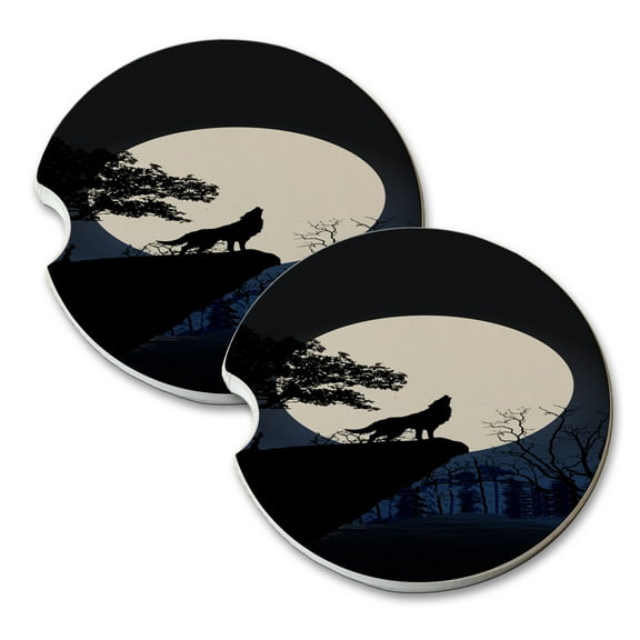 KuzmarK Sandstone Car Drink Coaster (set of 2) - Wolf Full Moon Mountain