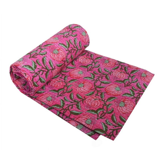 Kantha Quilt Indian Block Print Quilt Cotton Kantha Throw Kantha Blanket Handmade Quilt Double Size Kantha Bedspread Pink Floral Print