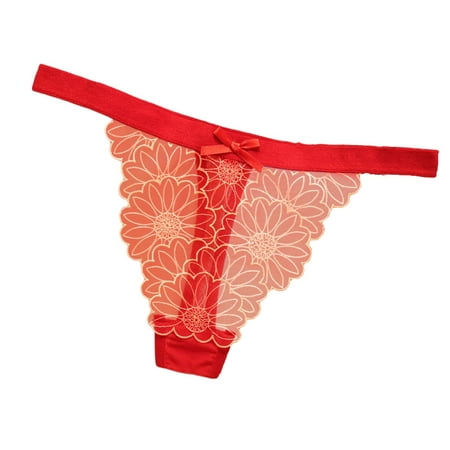 

harmtty Women Thong See-through Bow-knot Low Waist Hollow Out Applique Anti-septic Perspective Mesh Flower Pattern Women Briefs for Wedding Night Red