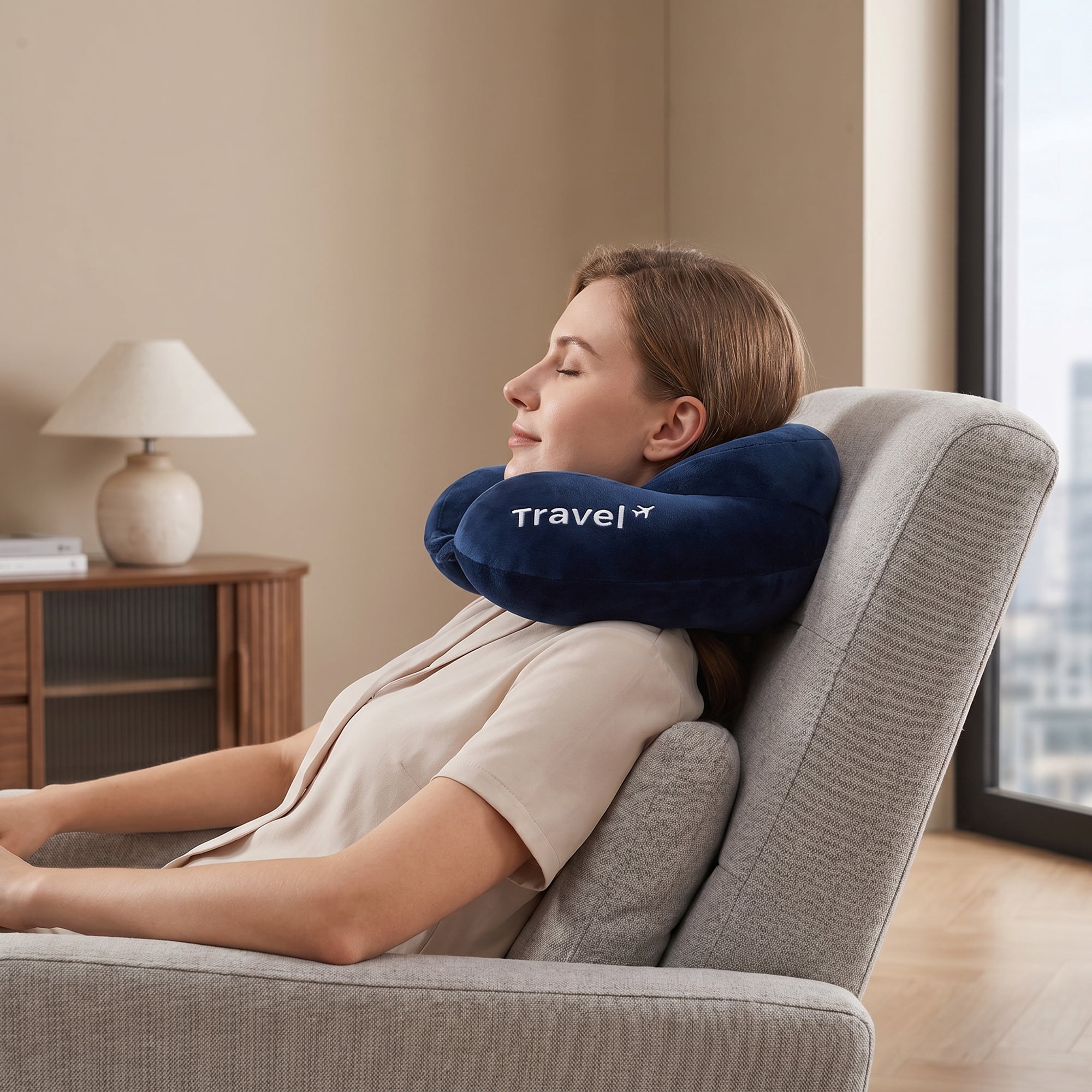 Unique Bargains PP Cotton Travel U Shape Neck Pillow for Airplane Dark Blue 11"x11"