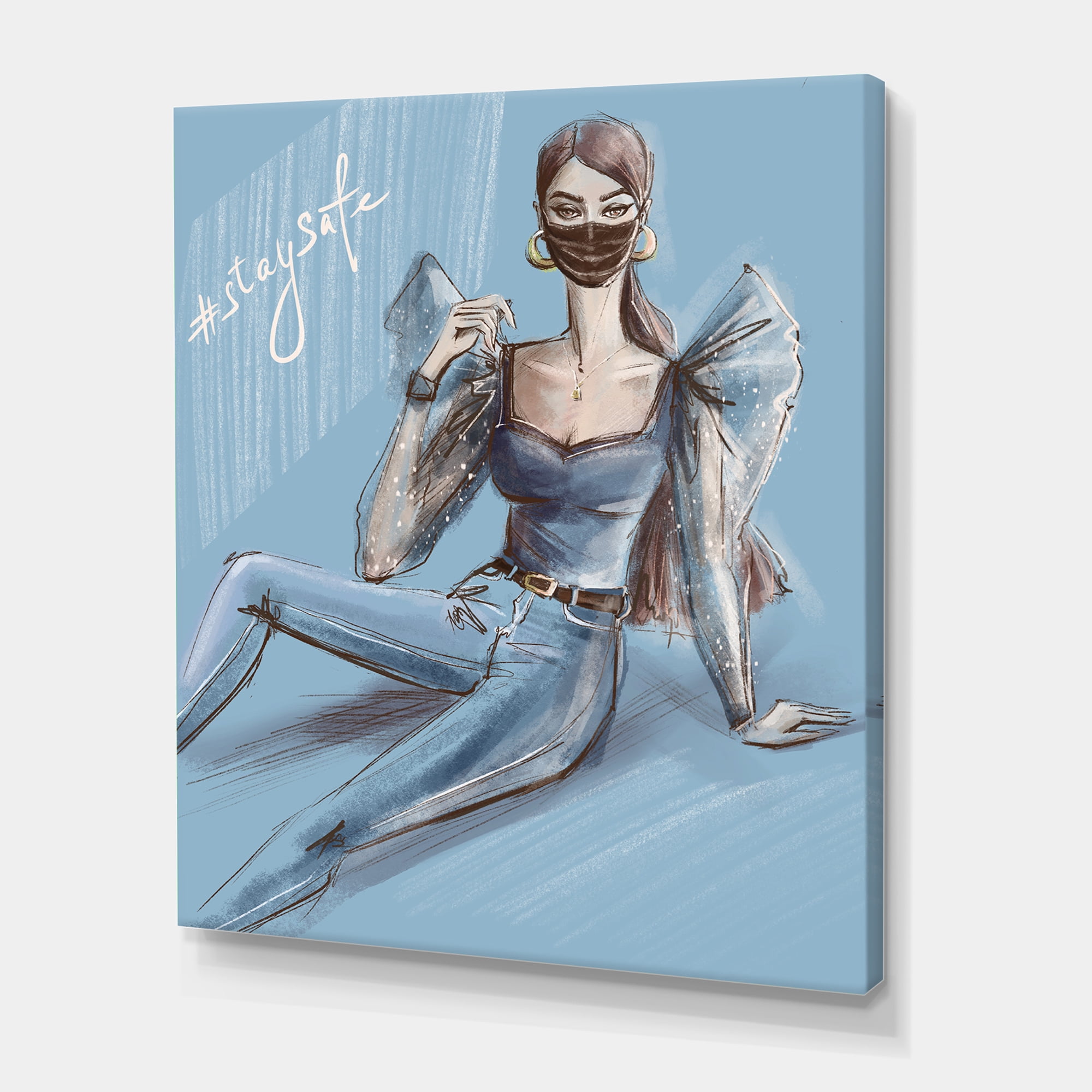 Designart ' Stylish Beautiful Woman Wearing Medical Mask ' Traditional Canvas Wall Art Print