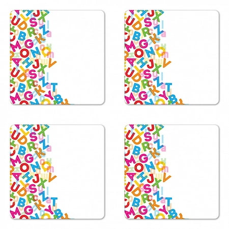 

Colorful Coaster Set of 4 Alphabet Background Design with Letter Words Literature Textured Fun Print Square Hardboard Gloss Coasters Standard Size Multicolor by Ambesonne