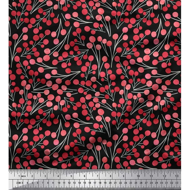 Soimoi Black Modal Satin Fabric Red Berries Fruits Decor Fabric Printed Yard 42 Inch Wide