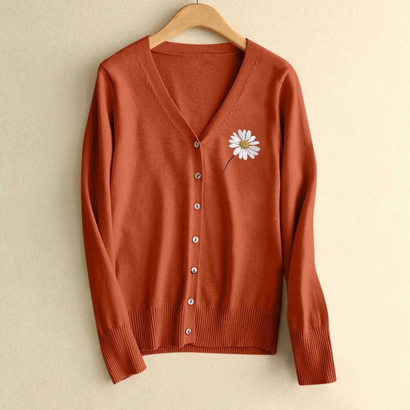NTACZA Orange Sweater Tops for Women Flower Print Button Up V Neck Sweater Cardigan Loose Fit Cozy Ladies Jumpers L