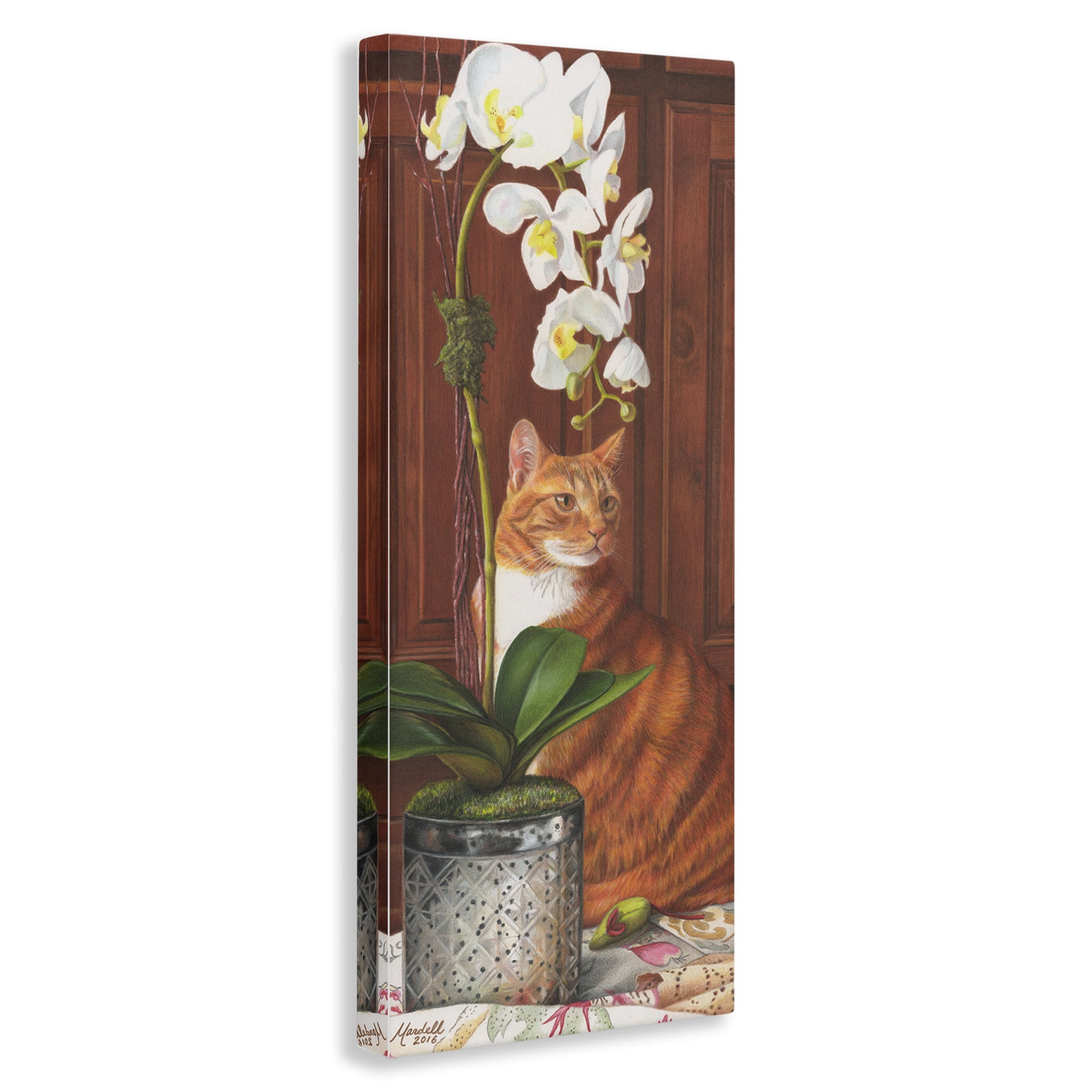 Stupell Industries Cat & Orchid Flower Animals & Insects Painting Gallery Wrapped Canvas Art Print Wall Art, 17 x 40