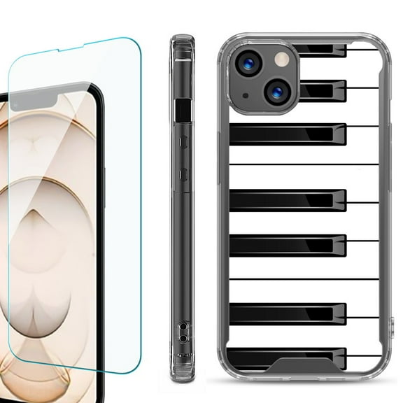Shockproof Bumper Phone Case for iPhone 13, with Tempered Glass Screen Protector, by OneToughShield ® - Piano Design