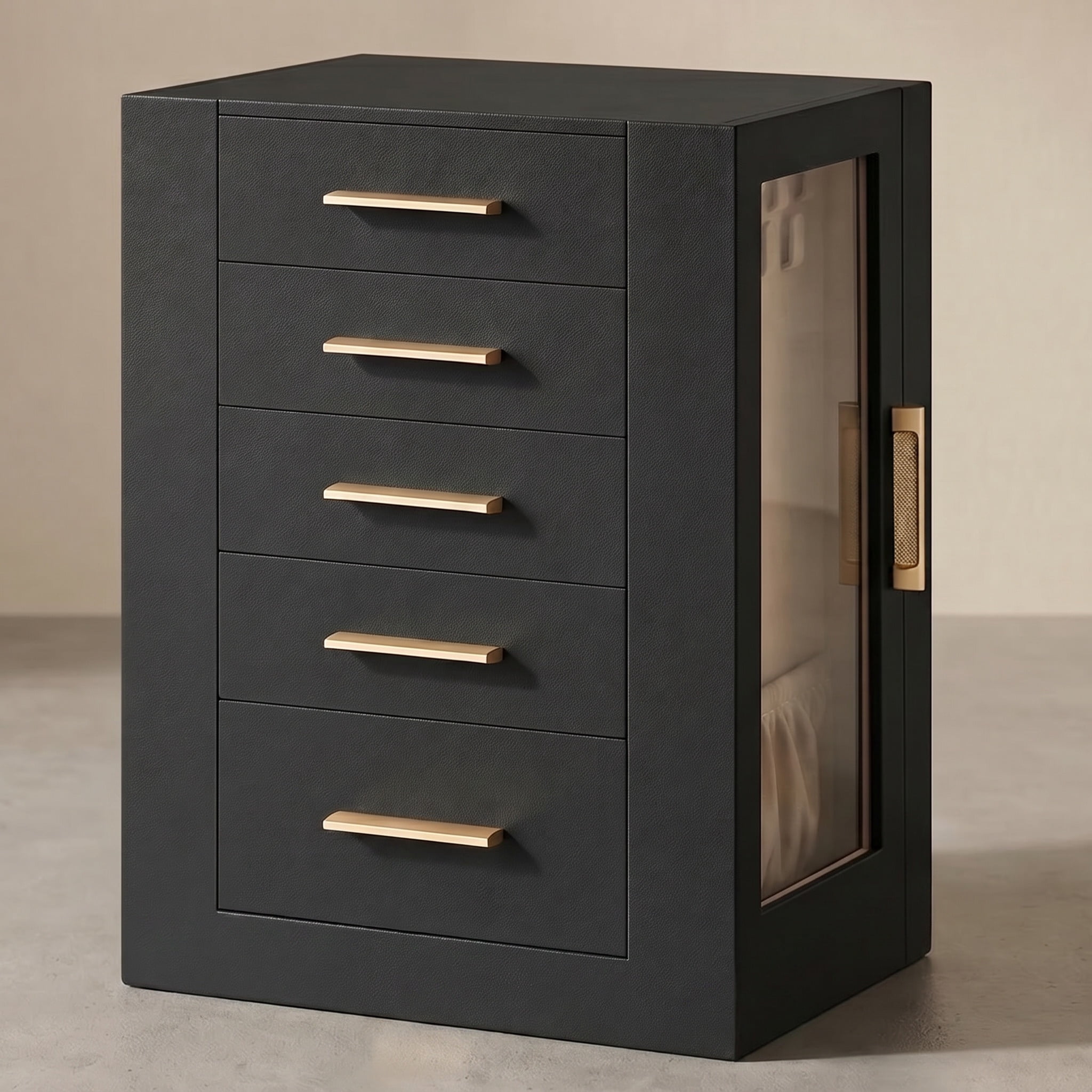 Nordic Hygge 360° Rotating 5-Drawer Jewelry Box with Glass Window, Graphite Black