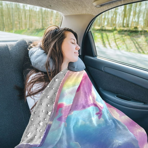 Pink Unicorn and Rainbow Travel Blanket Pillow Compact Foldable Airplane Throw Blanket with Trolley Sleeve for Travel Camping