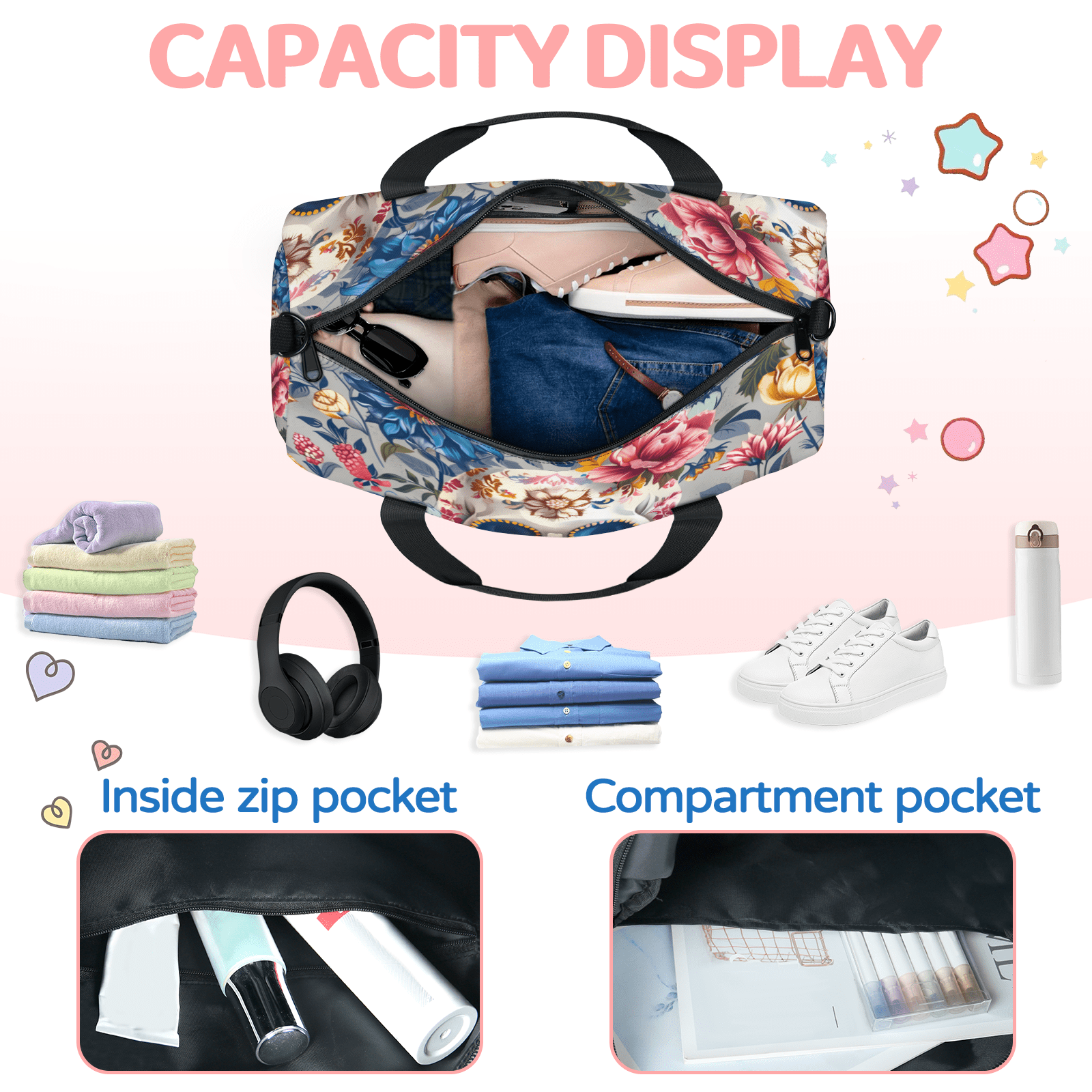 Herdesigns Skull Floral Travel Duffle Bag Sports Yoga Weekender Overnight Carry on Workout Bags Lightweight Waterproof Gym Tote Bag for Women Skeleton Floral Day of The Dead