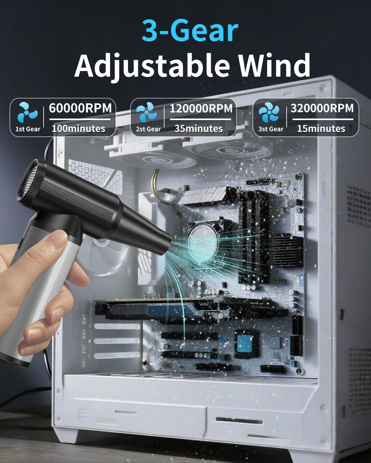 MUSICOZY Compressed Air Duster,2-in-1 Duster Blower&Vacuum with 320000RPM Super Power,Electric Air Duster Rechargeable,3-Gear Adjustable Air Blower for Keyboard, Computer,Car Home Outdoor Cleaning