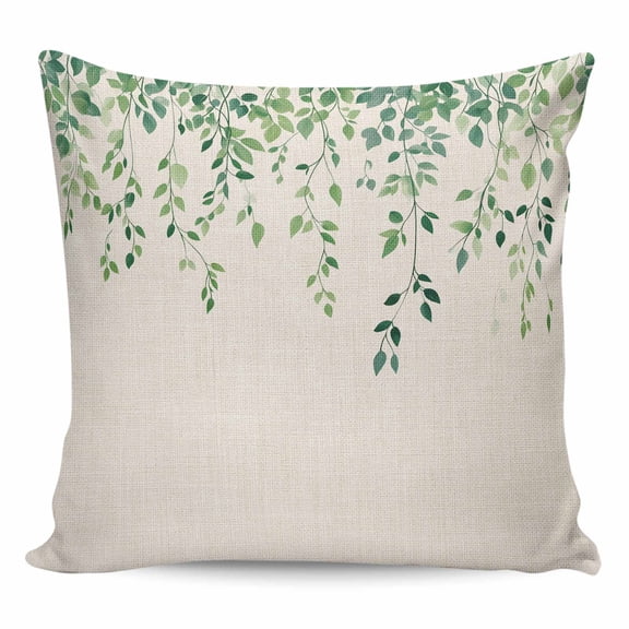 Throw Pillow Covers 20x20 Inch, Green Vines Decorative Pillow Cases for Couch Sofa Bed, Retro Country Spring Pastoral Leaves Cotton Linen Square Home Decor Pillowcases with Hidden Zipper