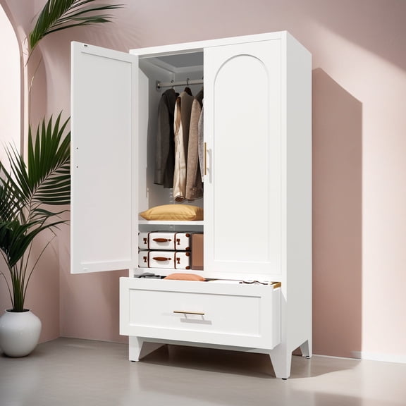 Xukmct 2 Doors Metal Wardrobe with 1 Drawer and Hanging Rod, 60" Tall Storage Cabinet for Bedroom, Office, Entryway, White